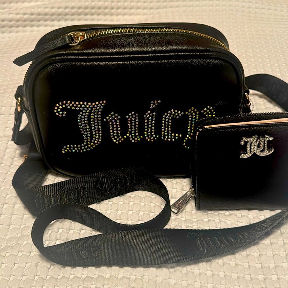New Juicy Couture Crossbody including JC wallet black silver jeweled logo